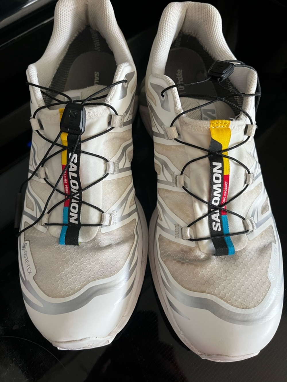 Salomon Men’s White Athletic Gore-Tex Trail Shoes with Black and Yellow Accents